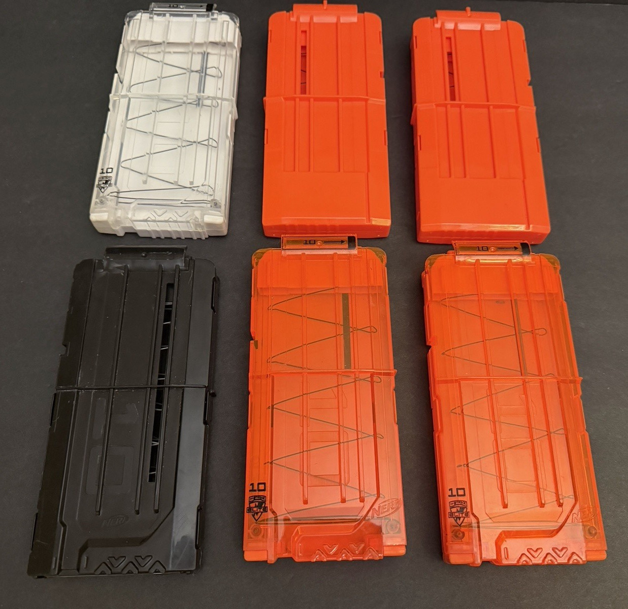 Lot of 6 10-Round Nerf Clips Orange Black White N-Strike Clear Ammo