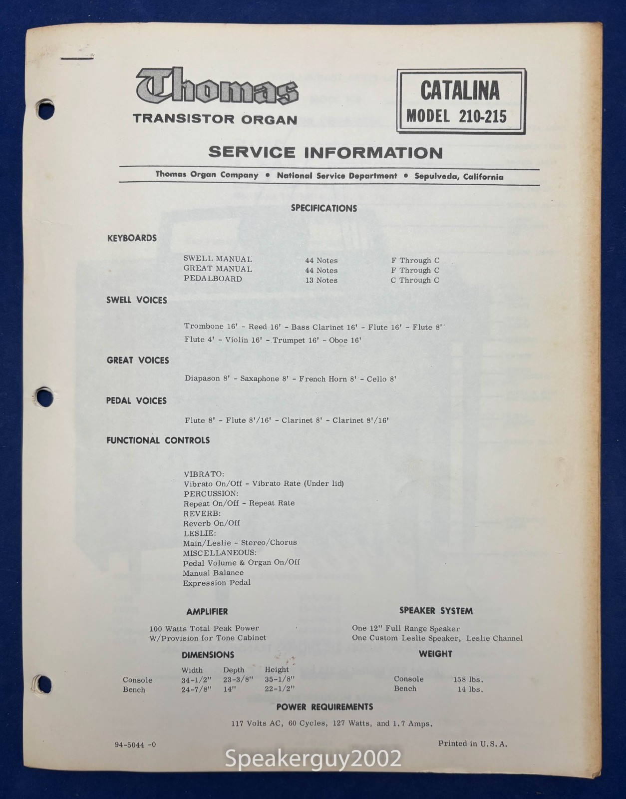 Original Thomas Organ Service Manual / Catalina 210 215 -- #2