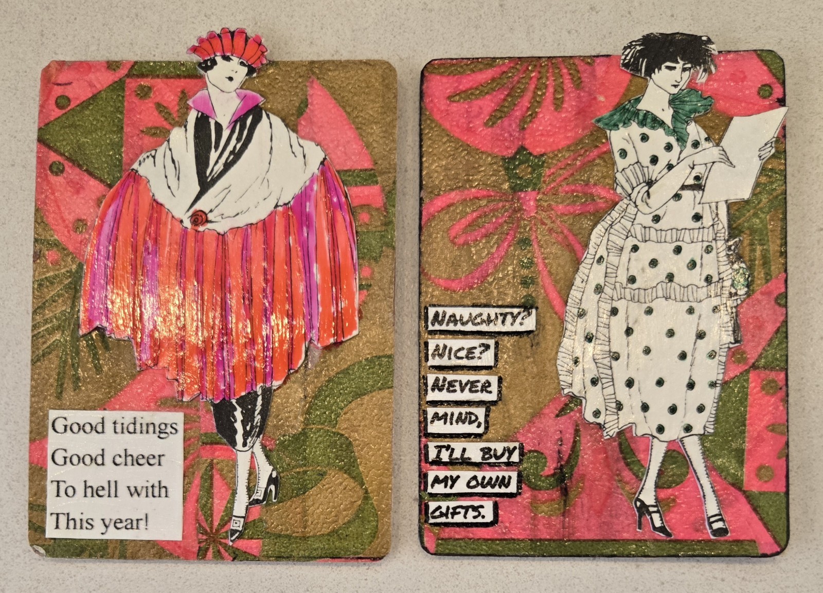 LOT OF 2 Snarky Christmas MAGNETS Mixed Media Collage Art Card ACEO ATC Tidings