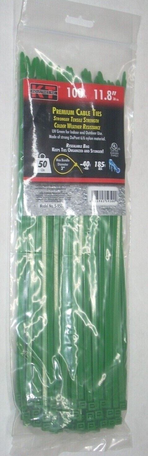 KT Industries 5-9500 Premium Green Cable Ties 11.8" L 50 lb Cap 100 pk