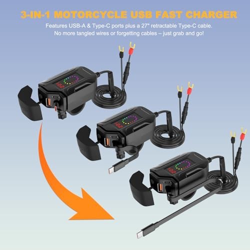 Retractable Type-C & Dual USB Fast Charging Motorcycle USB Charger