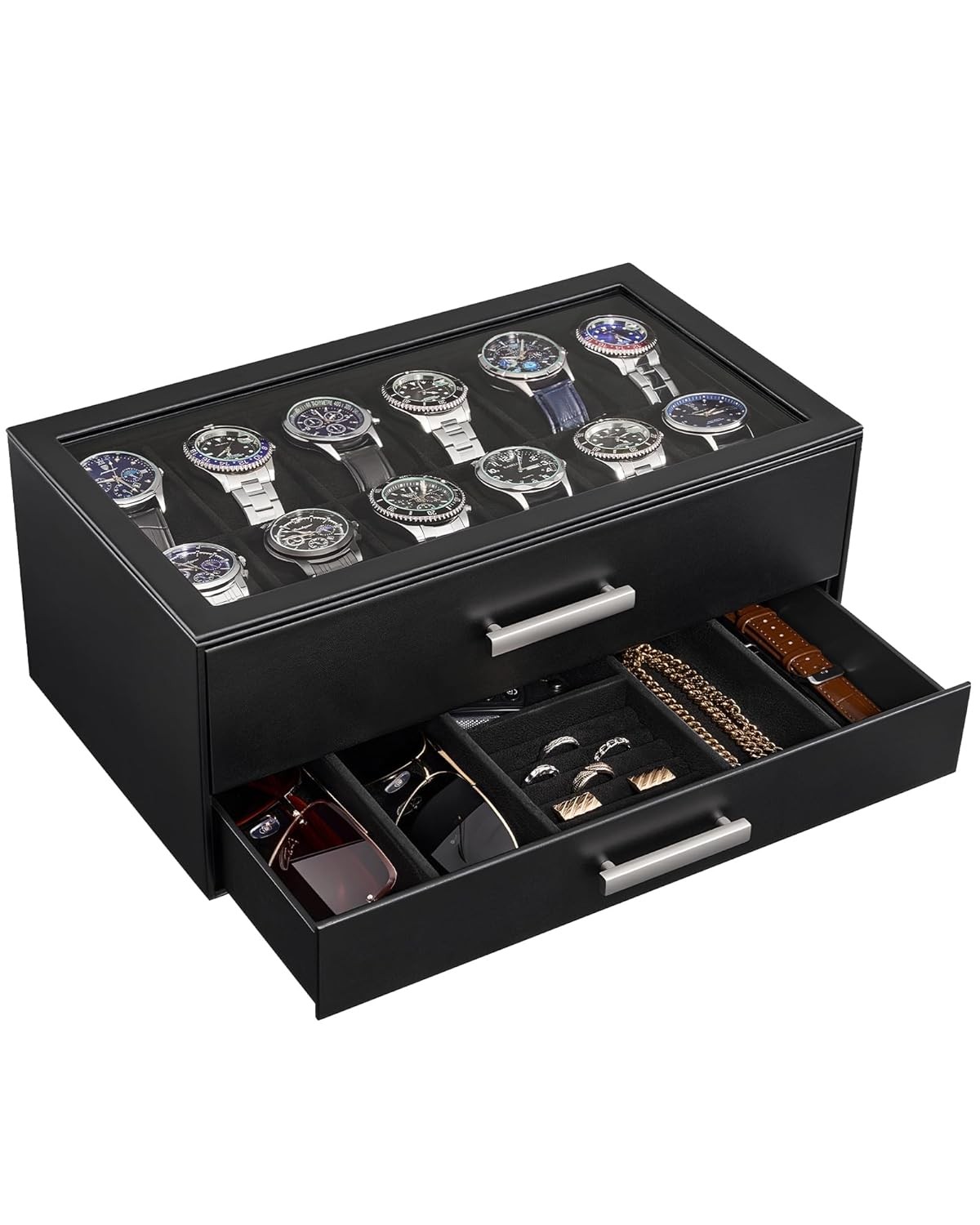 Watch Box 12-Slot 2-Tier Pull-Out Drawers Display Case Storage Organizer Men