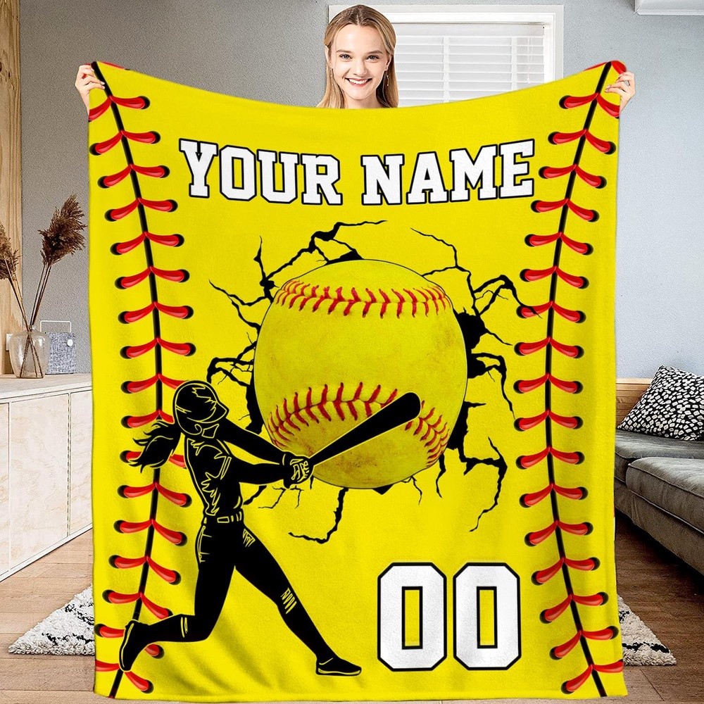 Personalized Custom Name Number Softball Flannel Throw Blanket Machine Washable♪