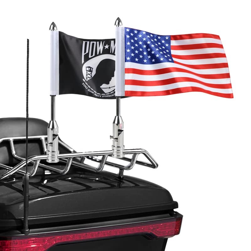 2 Pack Motorcycle Flag Pole Fold Down 90° with American Flag and Pow-mia Flag...