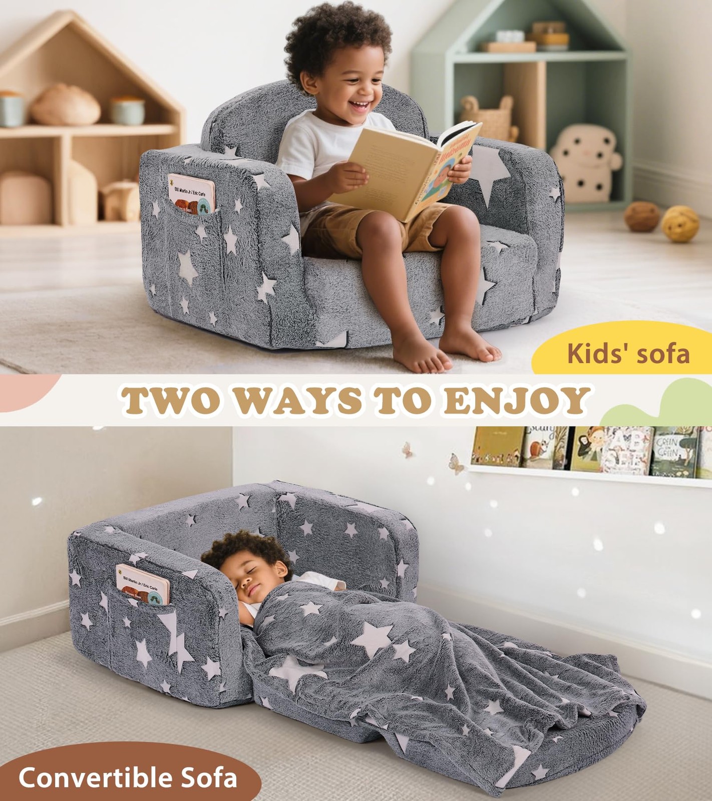Kids Couch, 2-in-1 Soft Toddler Couch Fold Out with with Blanket and Cloud Pi...