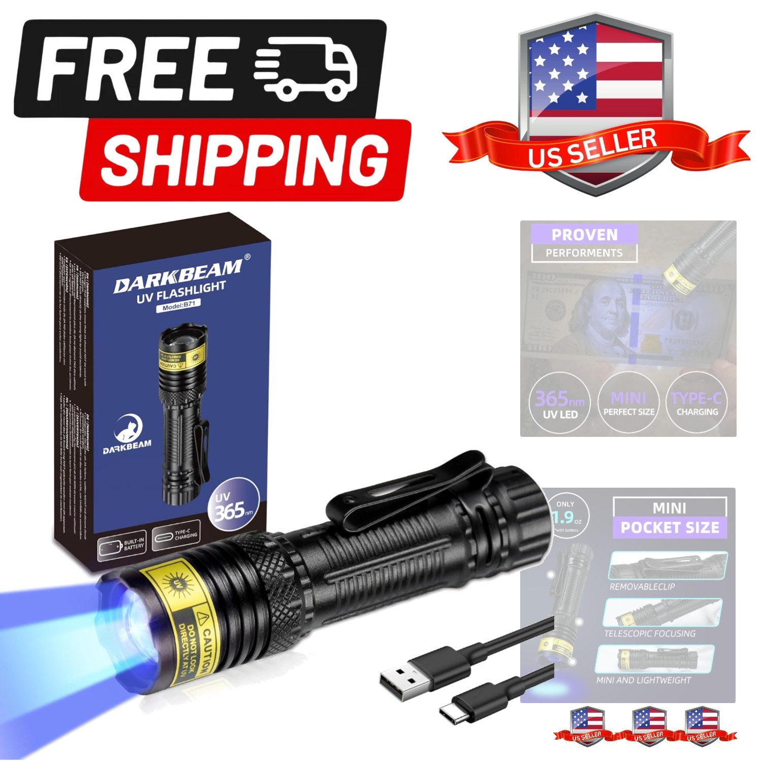 365nm UV Flashlight Black Light, Mini but Powerful Blacklight USB- C Recharge...