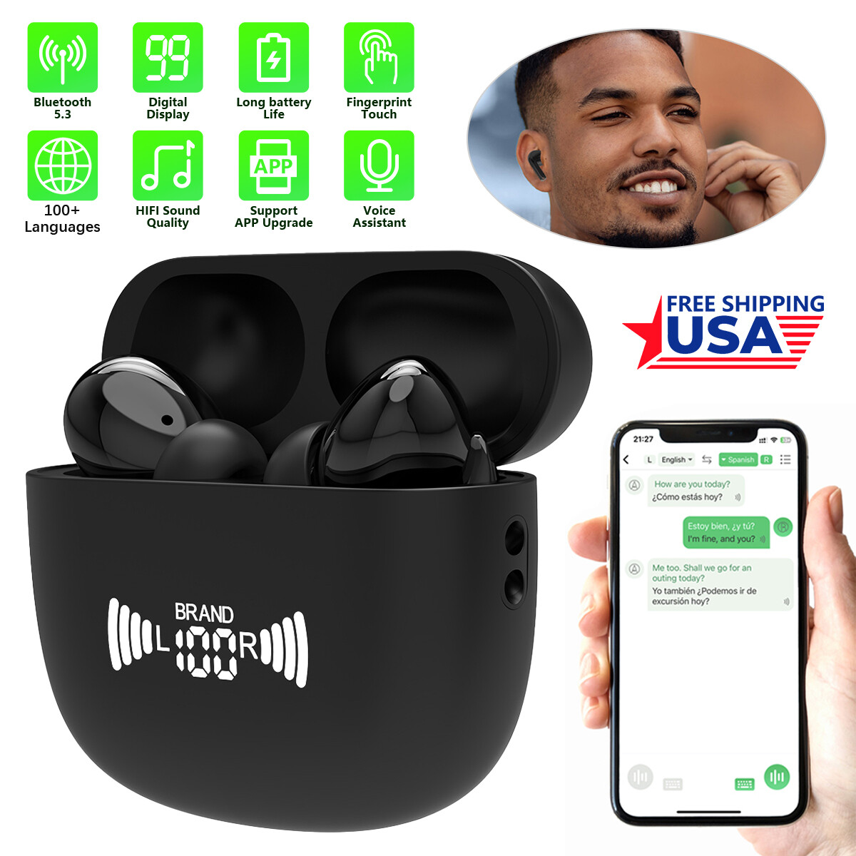 New Smart VoiceTranslator Earbuds 150+Languages Real Time Translator Earbuds US.
