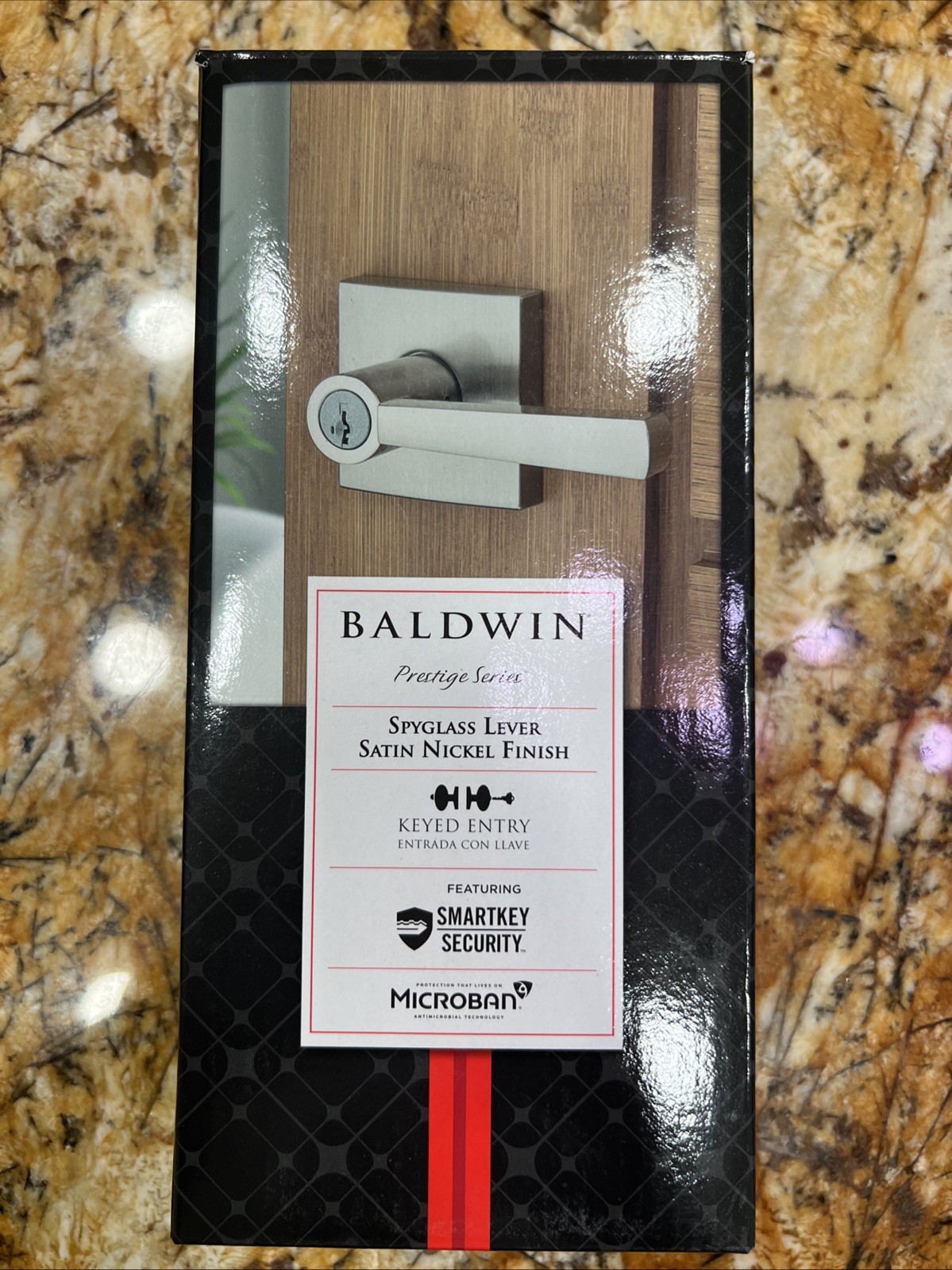 BALDWIN SMARTKEY Prestige Series Satin Nickel Spyglass Lever Keyed Entry, New