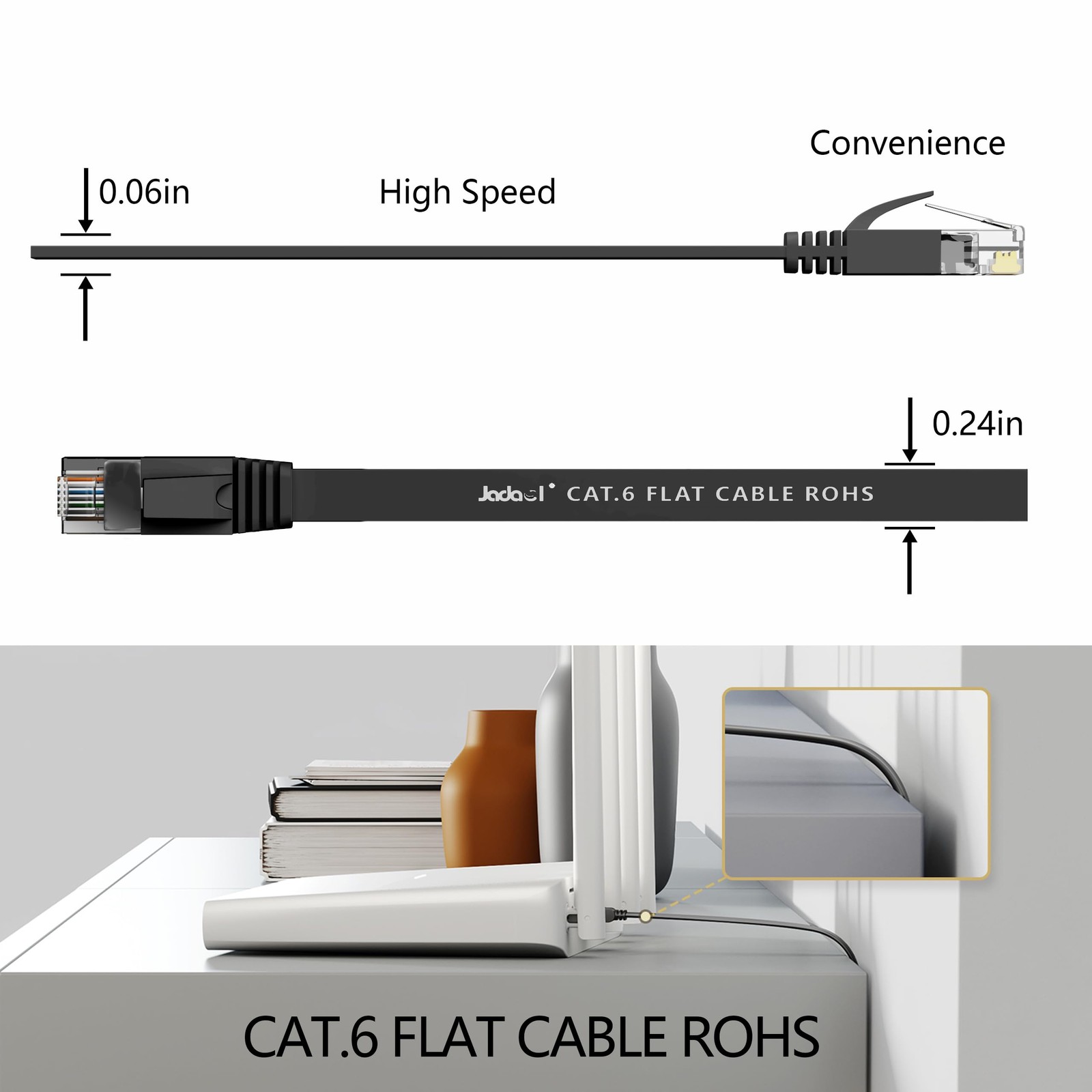 Black Cat 6 Ethernet Cable 5ft 10Gbps Flat High Speed LAN Patch 10 PCS