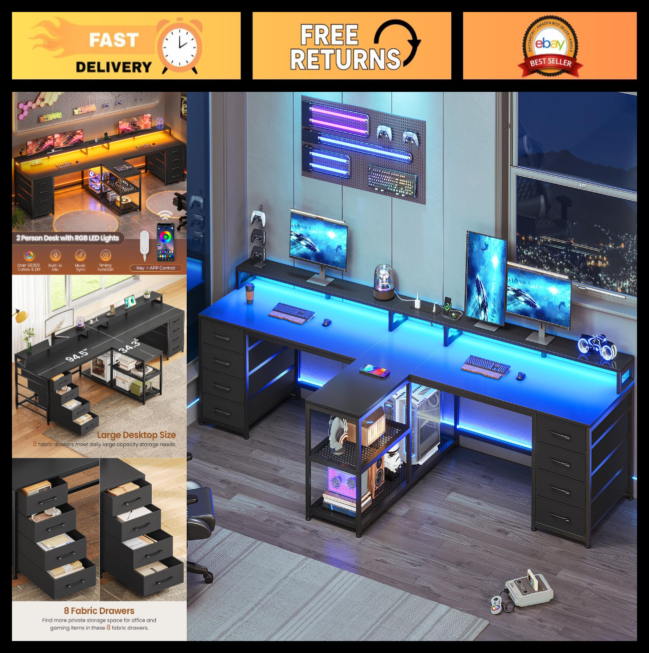 94.5" Double T Gaming Desk for 2 with LED Lights, Storage Drawers & USB Power St