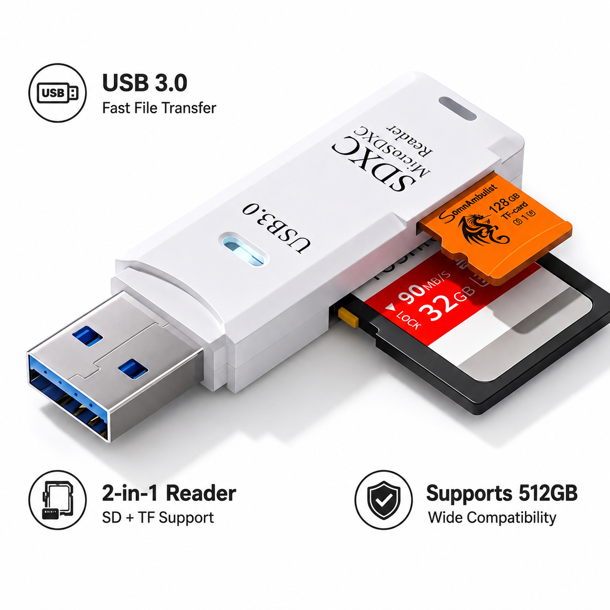 SomnAmbulist 2x 128GB MicroSDXC Memory Card USB 3.0 Reader Bundle Class 10