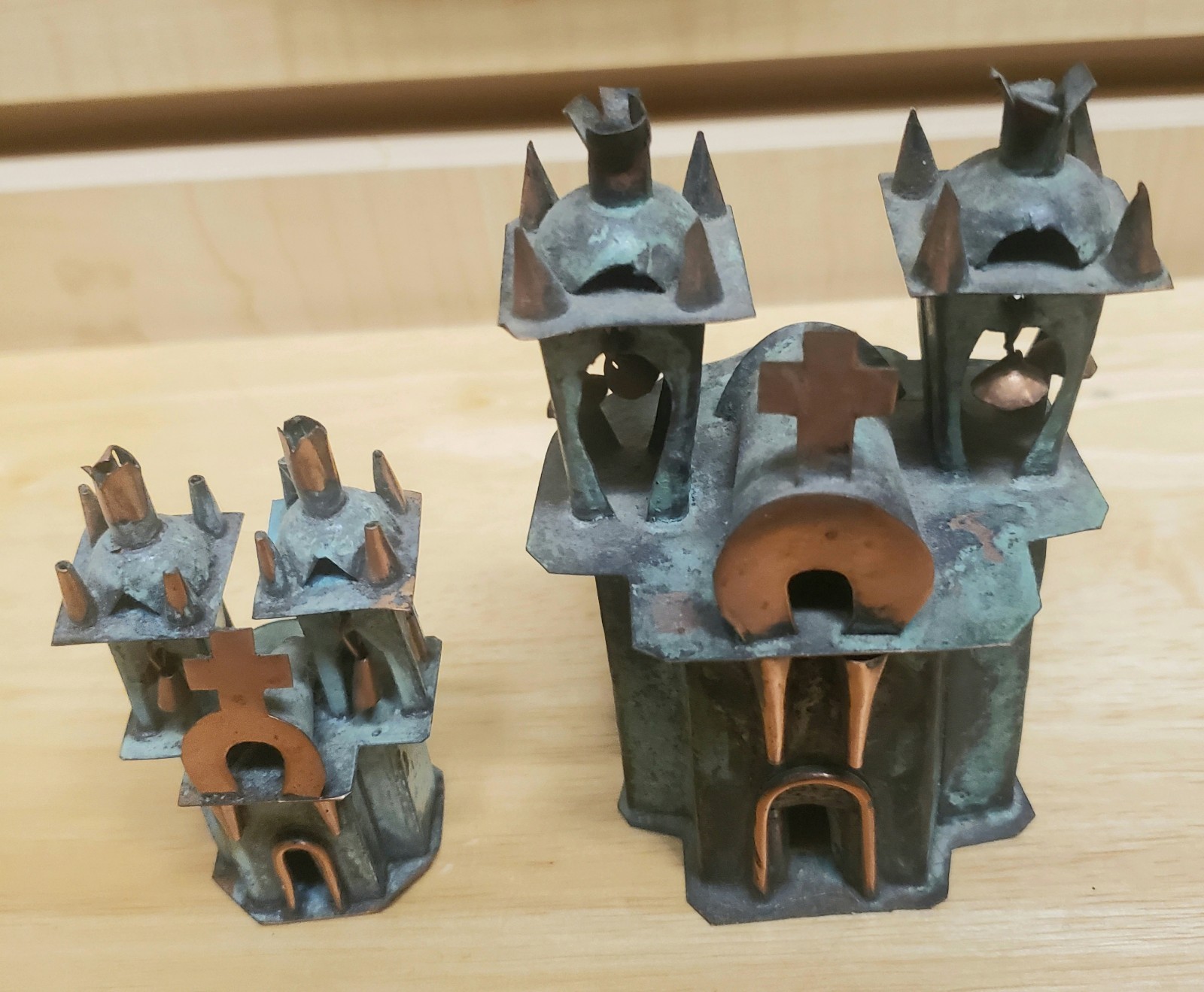 Two Vintage Green Bronze And Copper Ayacucho Metal Church W/Bells From Peru