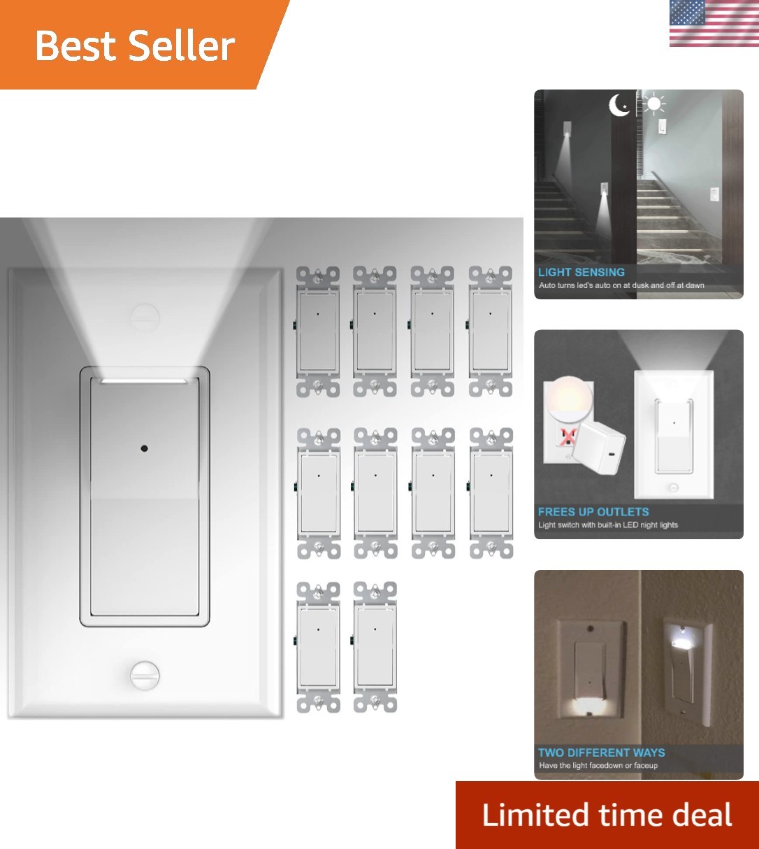10 Pack Light Switch with LED Night Light 15Amp 120/277Volt Rocker Single Pol...