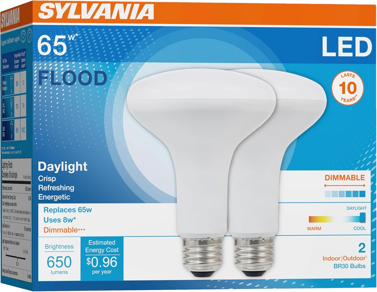 Sylvania LED Flood BR30 Light Bulb, 65W=8W, 10 Year, Medium Base, 650 Lumens, Di