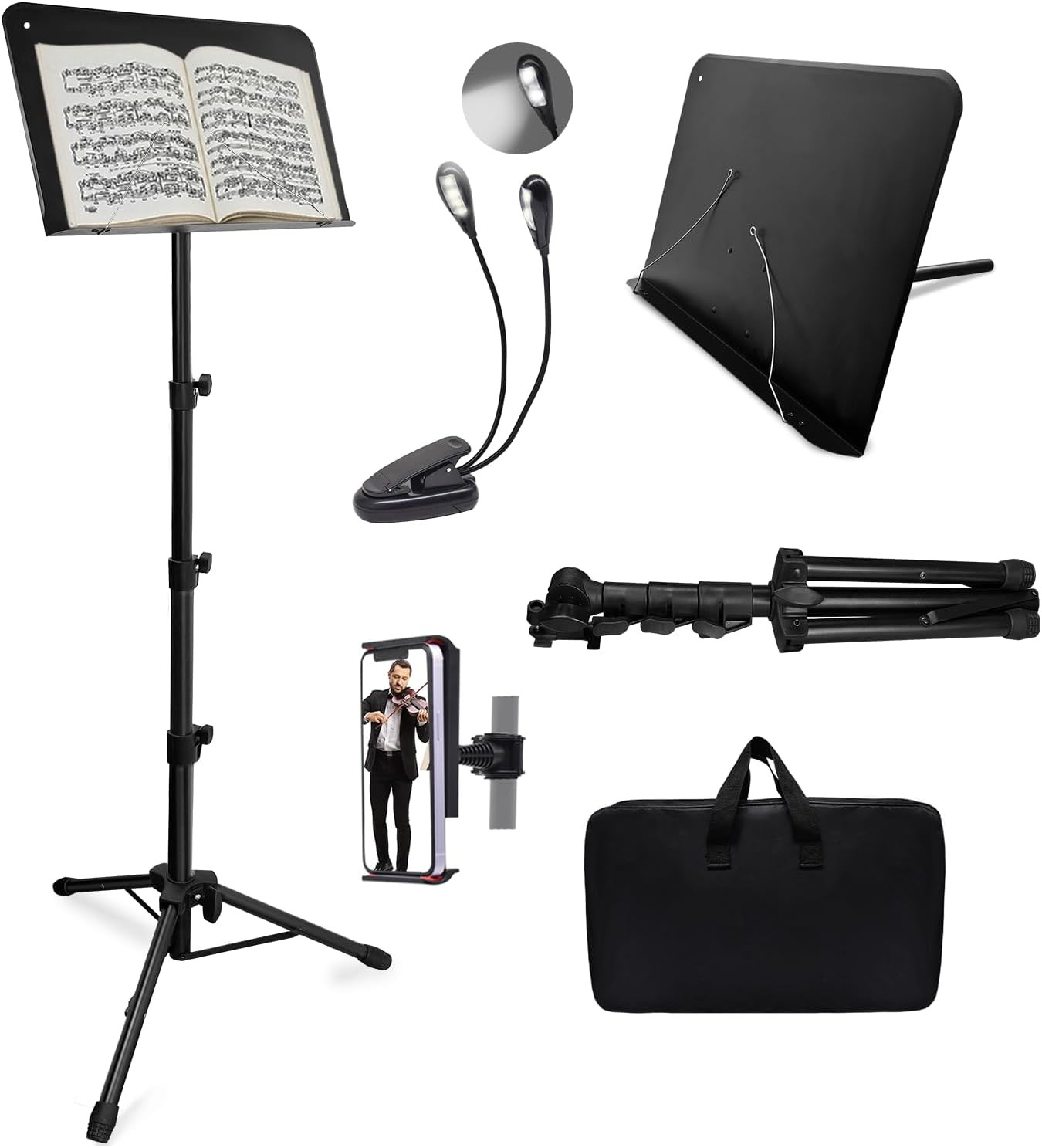 70" Sheet Music Stand with Light and Phone Holder, Music Stand for Sheet Music H