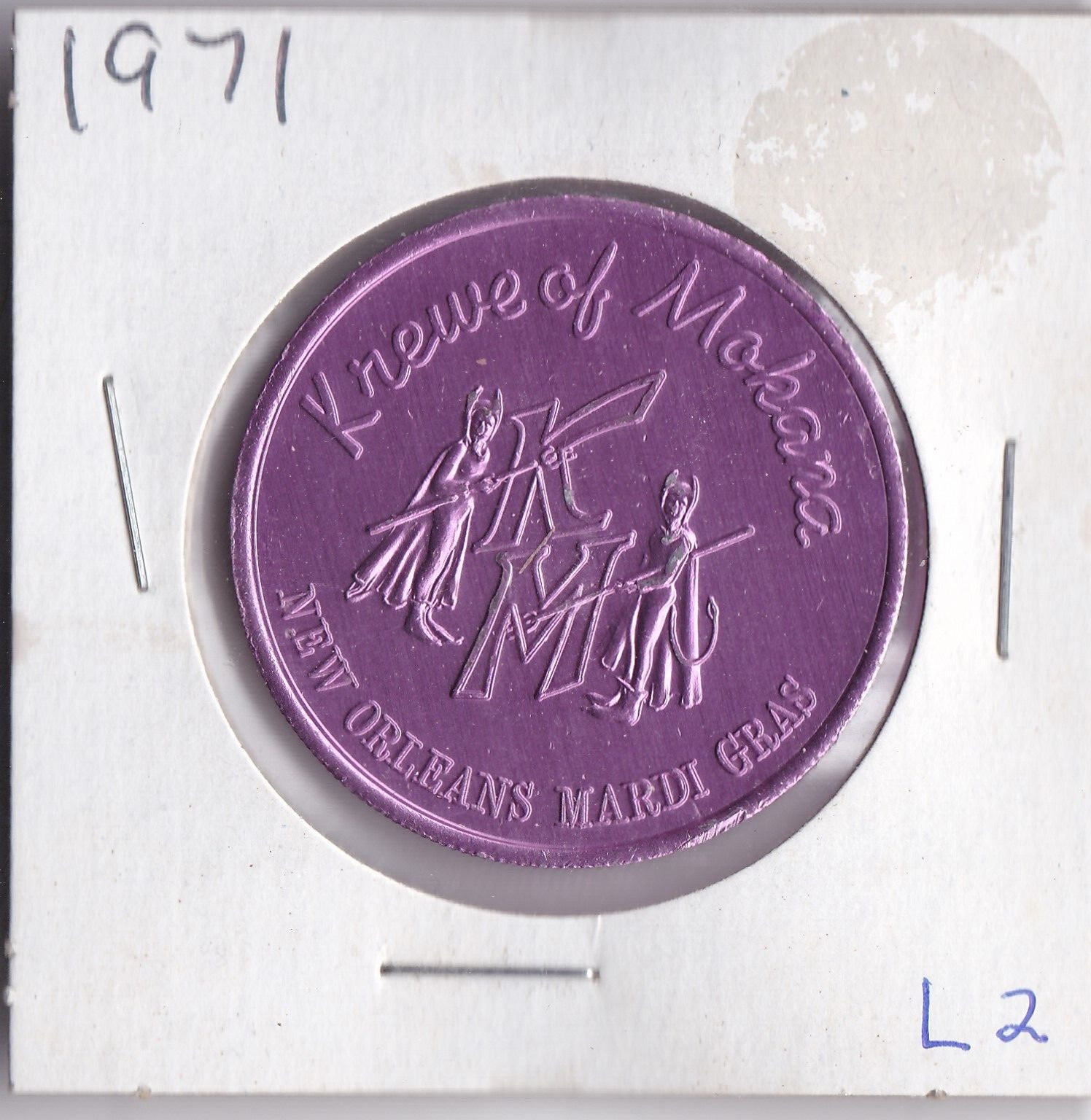 1971 Mardi Gras DOUBLOON  KREWE of MOKANA  NEW ORLEANS MARDI GRAS (Purple L2)