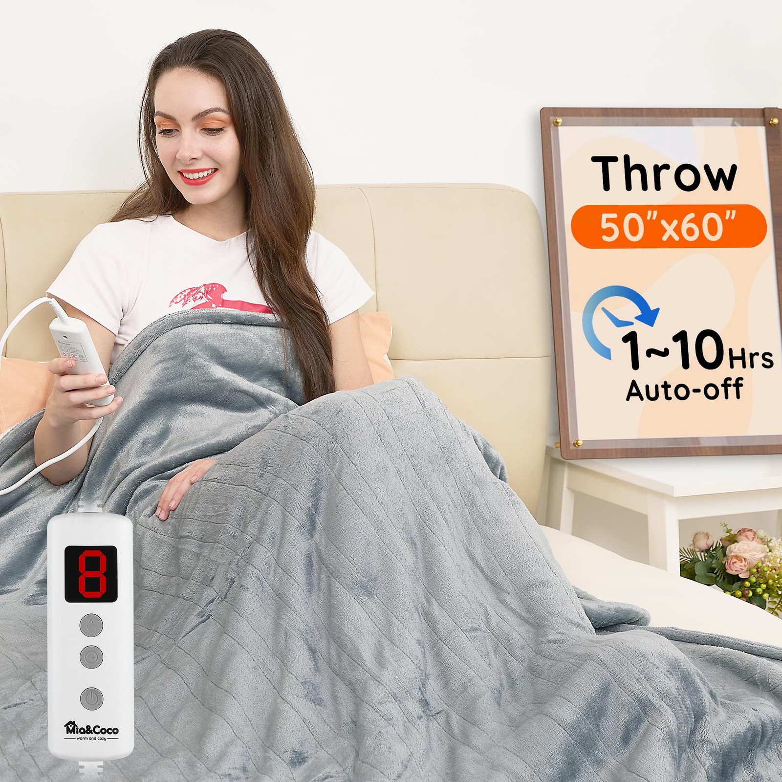 Mia&Coco 50x60 inch Flannel Heated Throw Blanket 6 Heat Levels Auto-Off Soft Ele