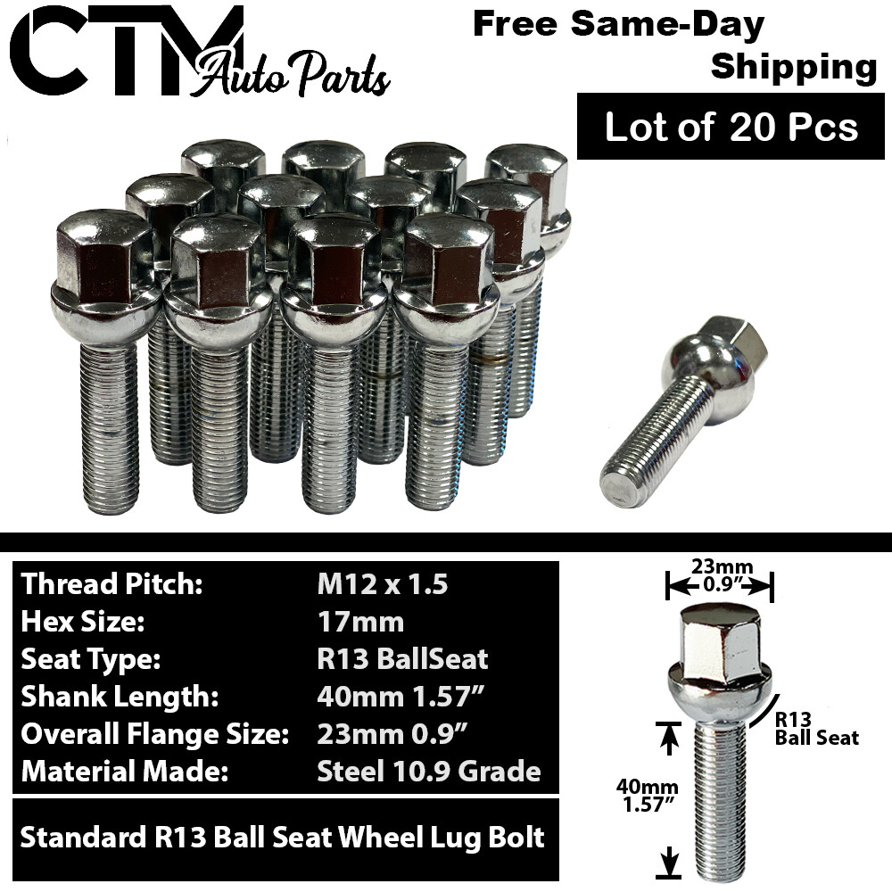 20x Chrome 12x1.5 Lug Bolts 40mm Shank Ball Seat Fit Mercedes Stock Alloy Wheels