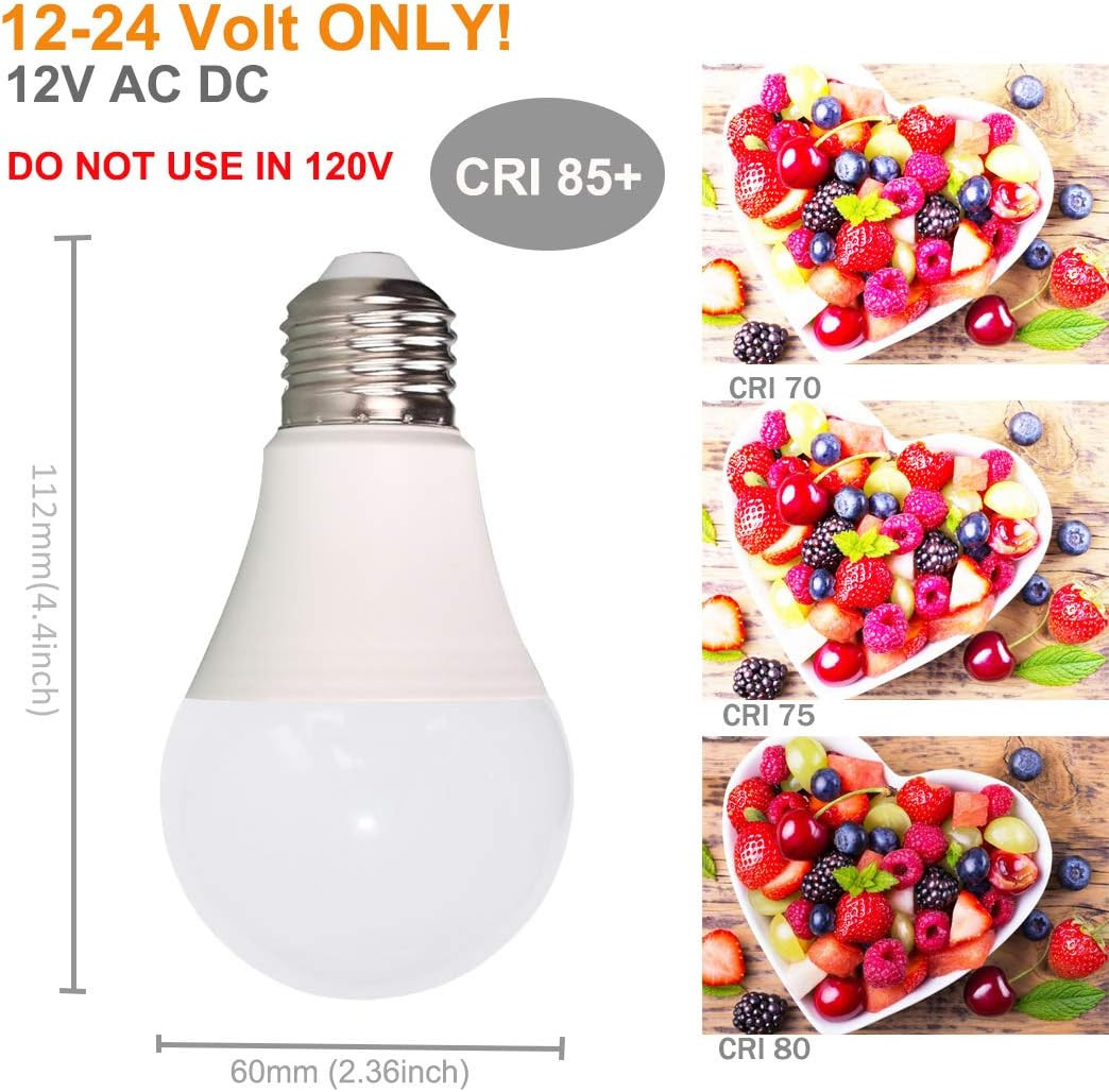 12V LED Light Bulb 7W 630Lm Low Voltage E26 Base (6000K Daylight White) AC/DC 12