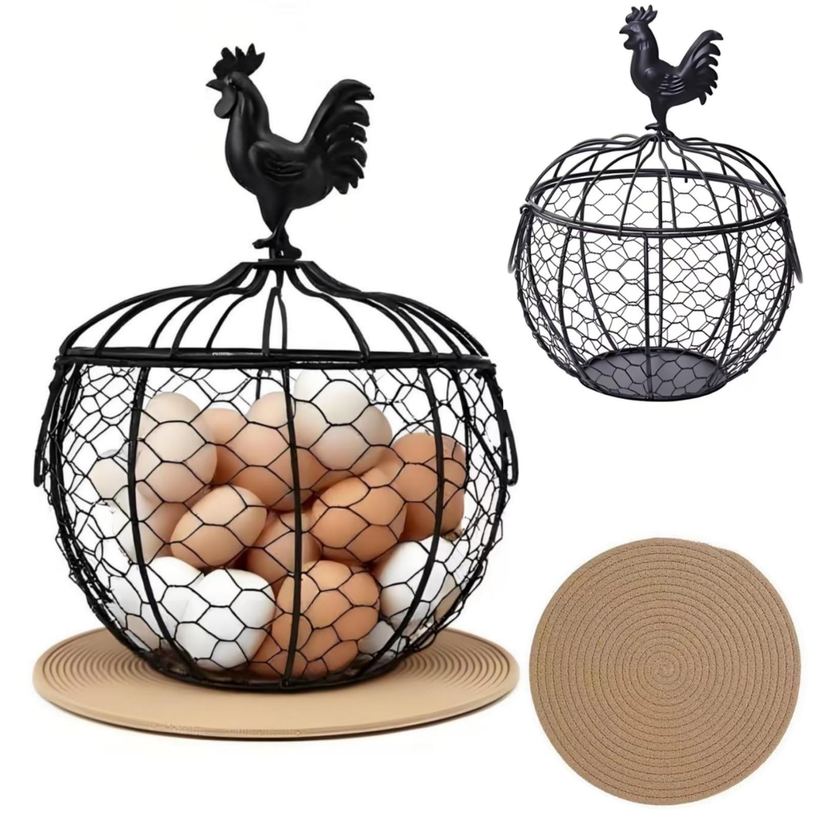 Cesta de alambre para huevos para recoger huevos frescos con asa. Soporte huevos
