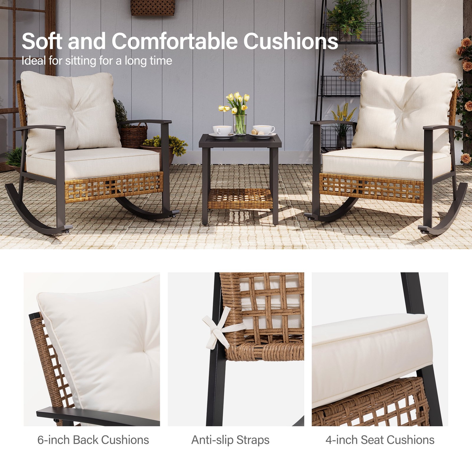 3 Pieces with 2-Tier Coffee Table, PE Wicker Rocking Chairs with Beige Cushions