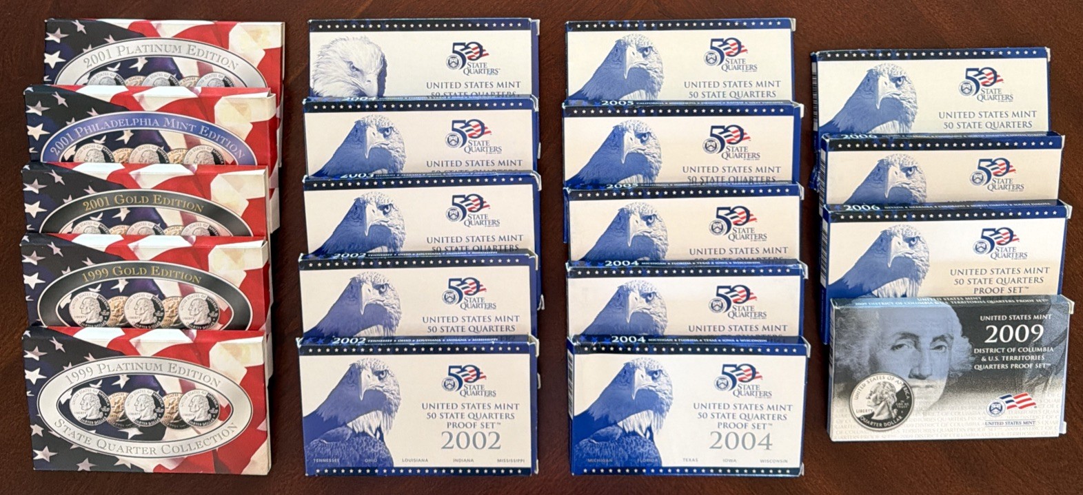 19 State Quarters Sets 1999-2006, 5 UNC and 14 Proof Sets, Incl. Gold & Platinum