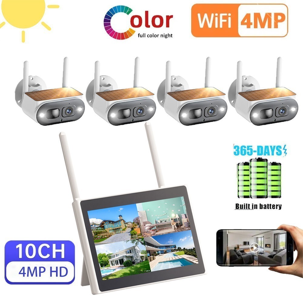 4MP Solar Security Camera Outdoor Wireless 10CH NVR 4 Cam-Kit Color Night Vision