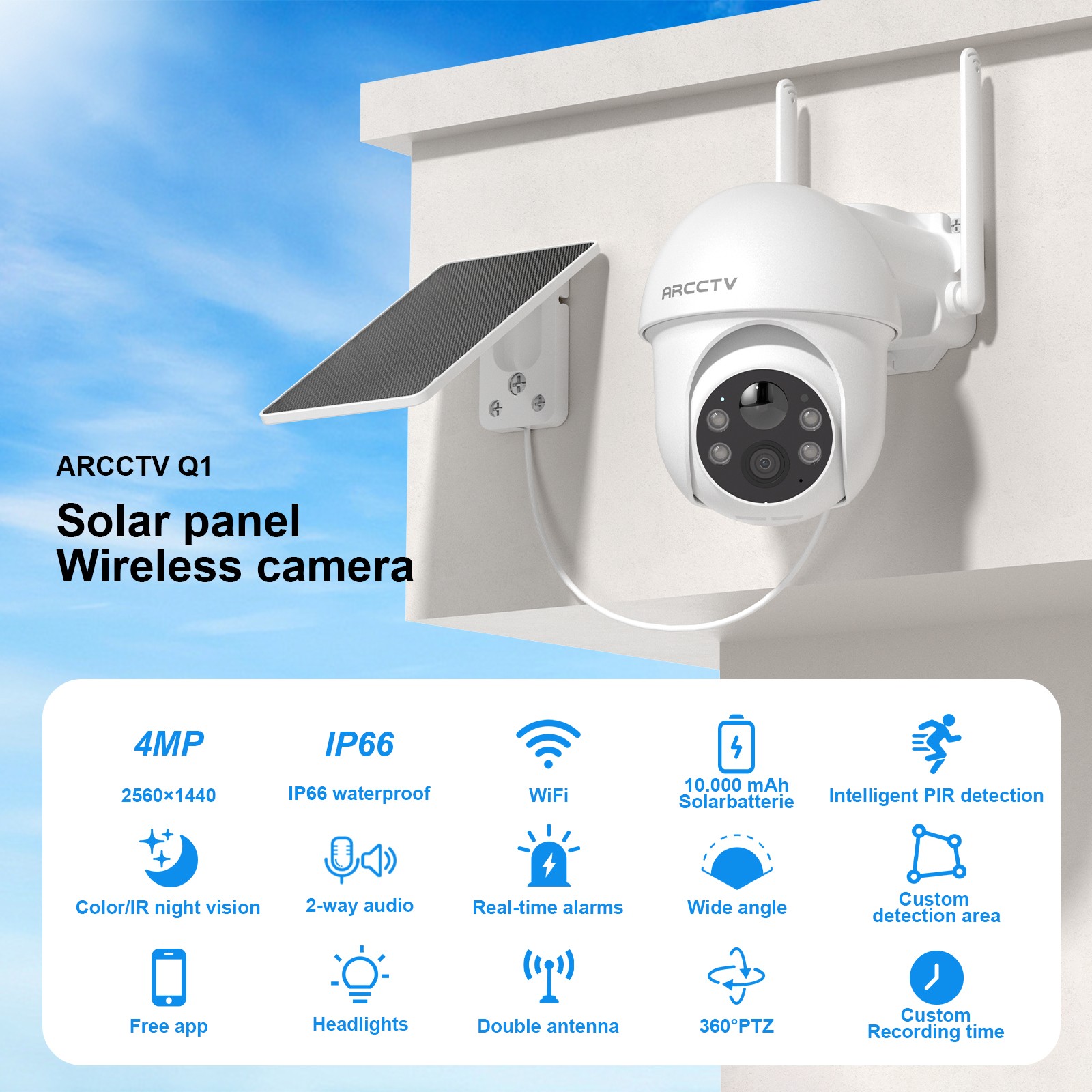 ARCCTV Solar Battery Security Camera System Outdoor Wireless Pan/Tilt WIFI Home
