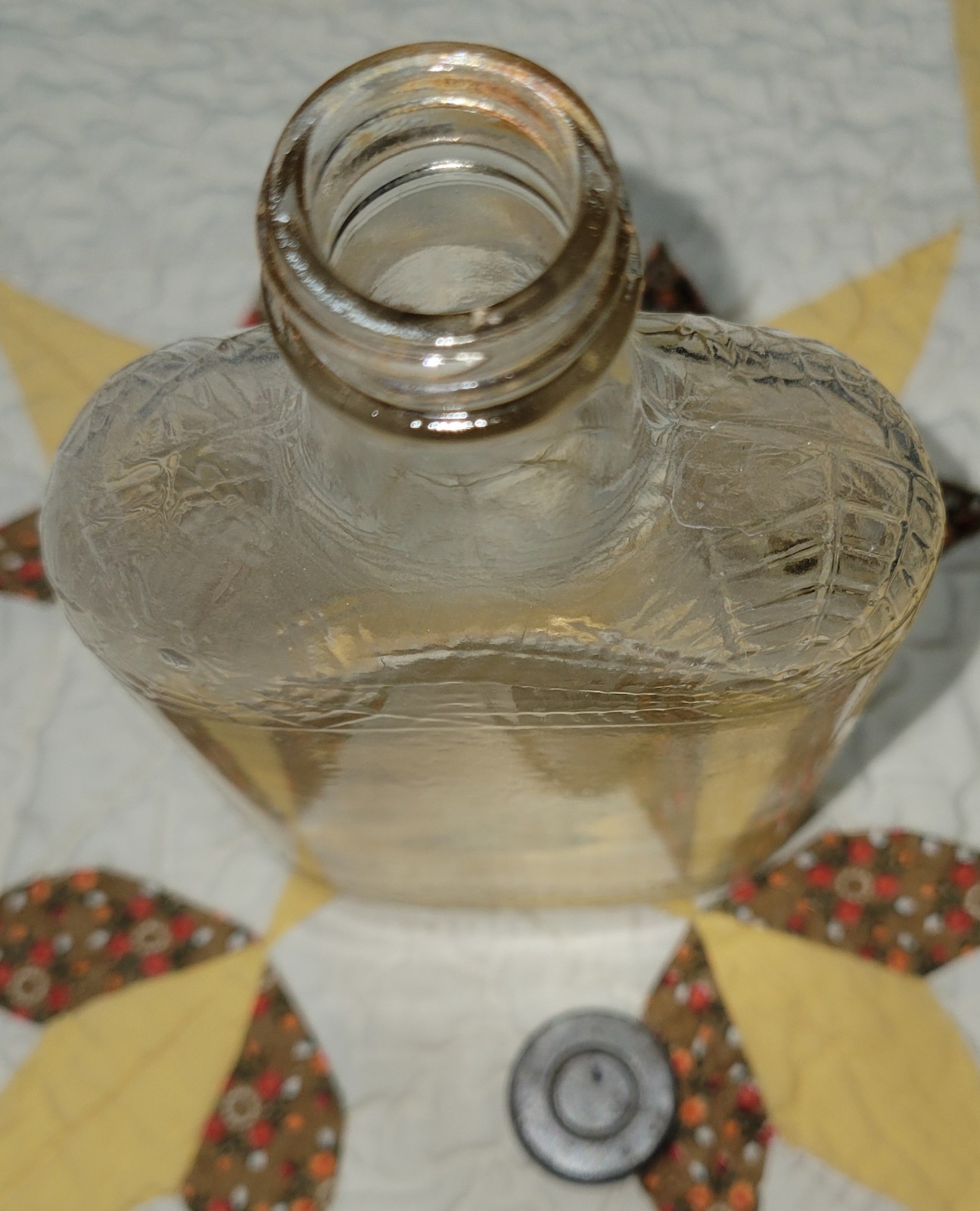 Clear Glass Liquor Bottle Spiderweb Embossed Pattern w/ Spider And Fly