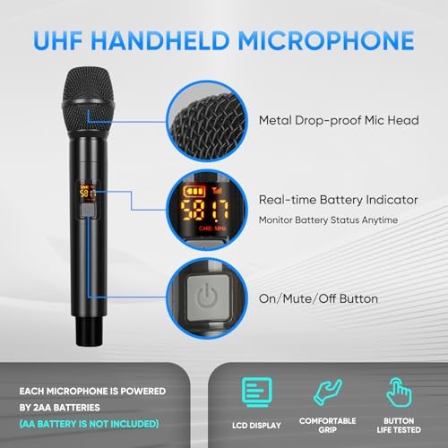 Wireless Microphone System, 4 Channels UHF Metal Cordless Handheld BLM404