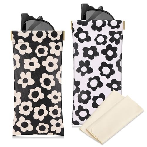 Sightor Sunglass Case, 2 PCS Soft Glasses Pouch Cute Black White Floral