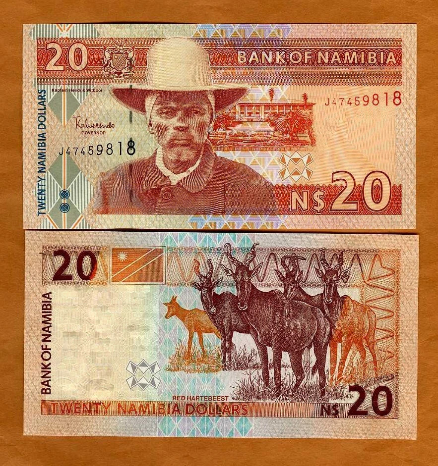 NAMIBIA:  20 dollars banknote paper money, ND (2002), P-6b, UNC Antelopes