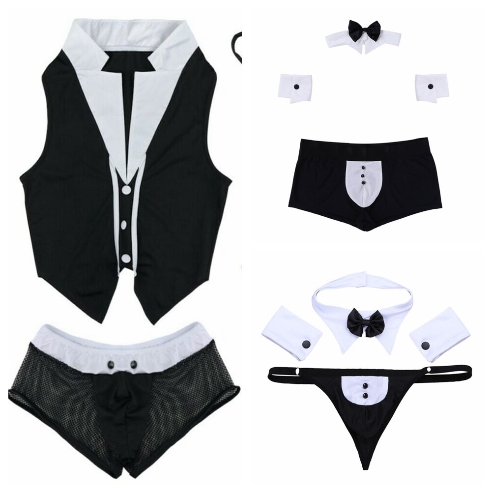 Sexy Mens Maid Coustume Lingerie Boxer Brief Underwear Set Gentlemen Halloween
