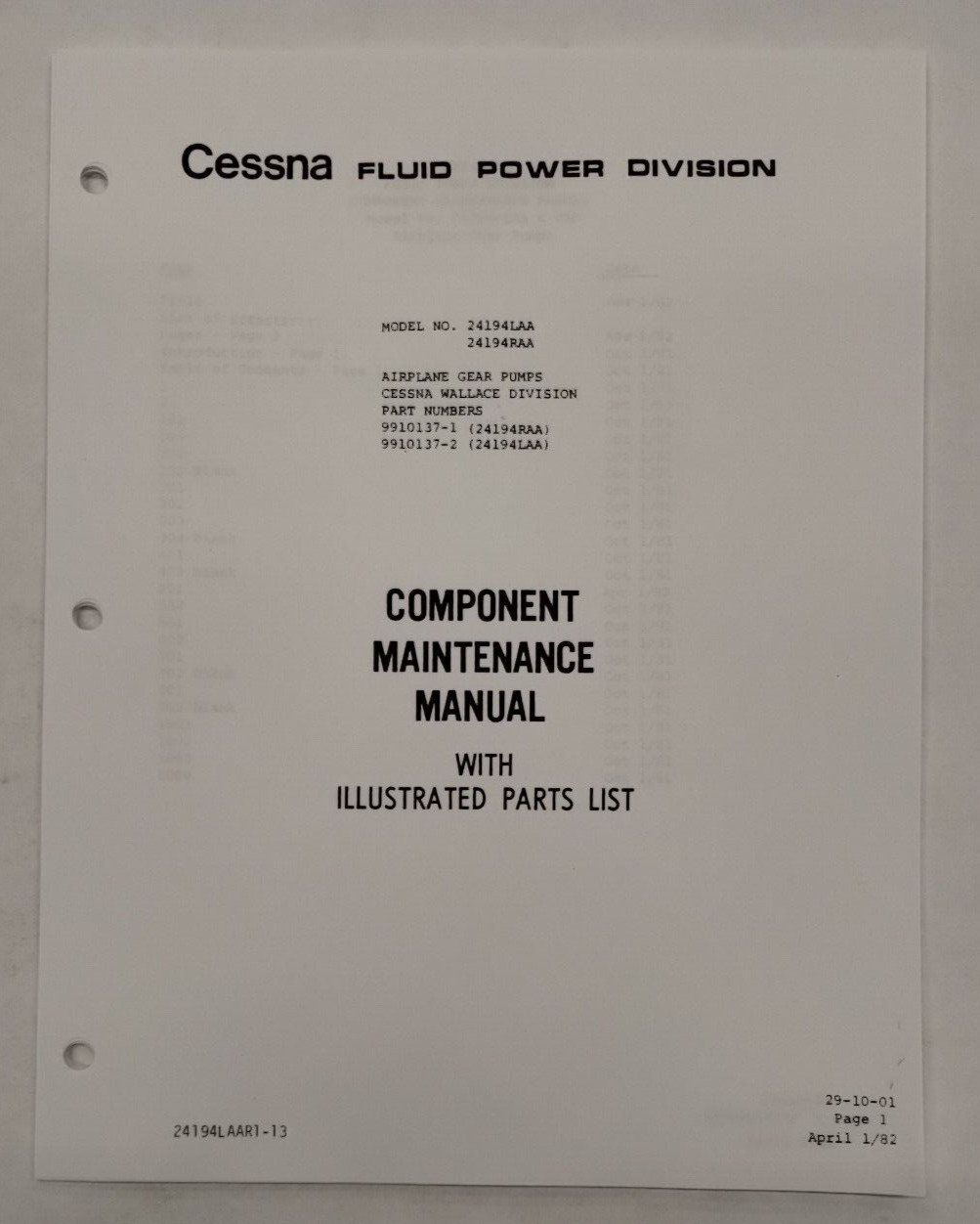 Cessna Airplane Gear Pumps Model No. 24194LAA/24194RAA Component Maintenance