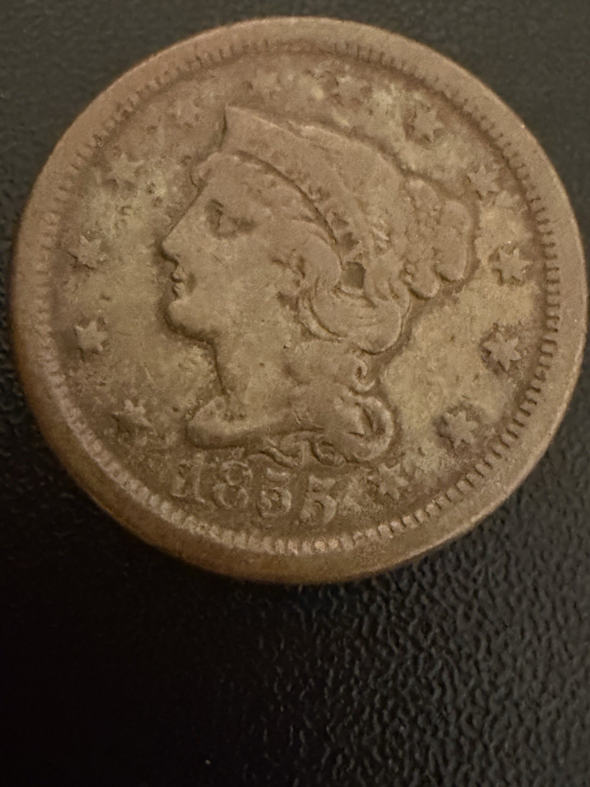 1855 Upright Vertical 55 5’s Large Cent VG