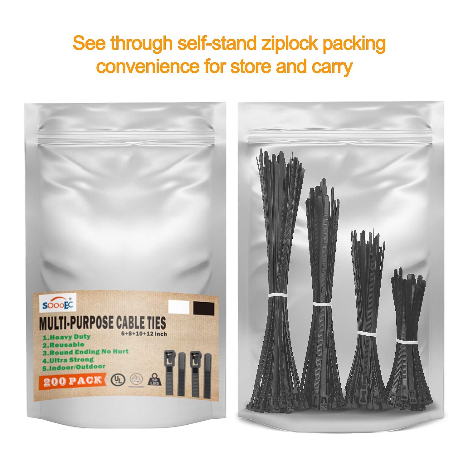 SOOOEC 200 Pack Reusable Zip Ties Assorted Sizes Sizes, Black