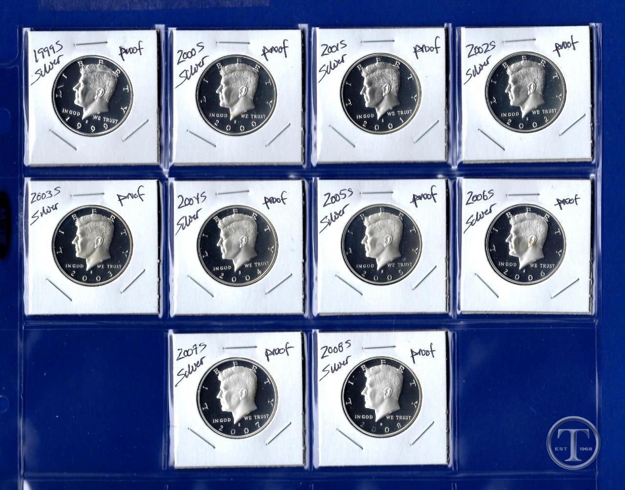 1999 - 2008 Silver Proof Kennedy Half Dollar Set-10 Coins- 1999 through 2008