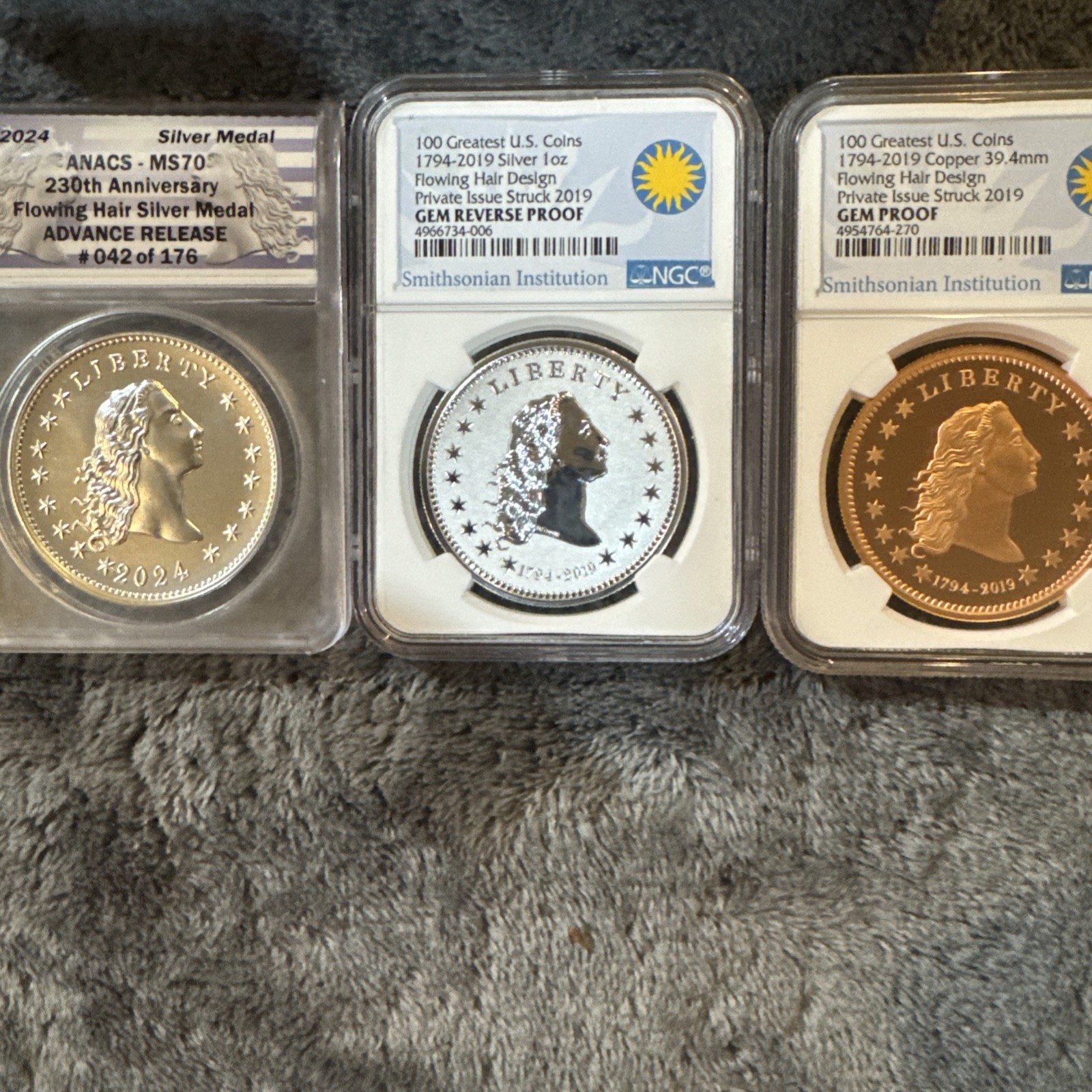 230th Flowing Hair Silver , Silver Proof And Copper Proof 3- Piece Set With COA