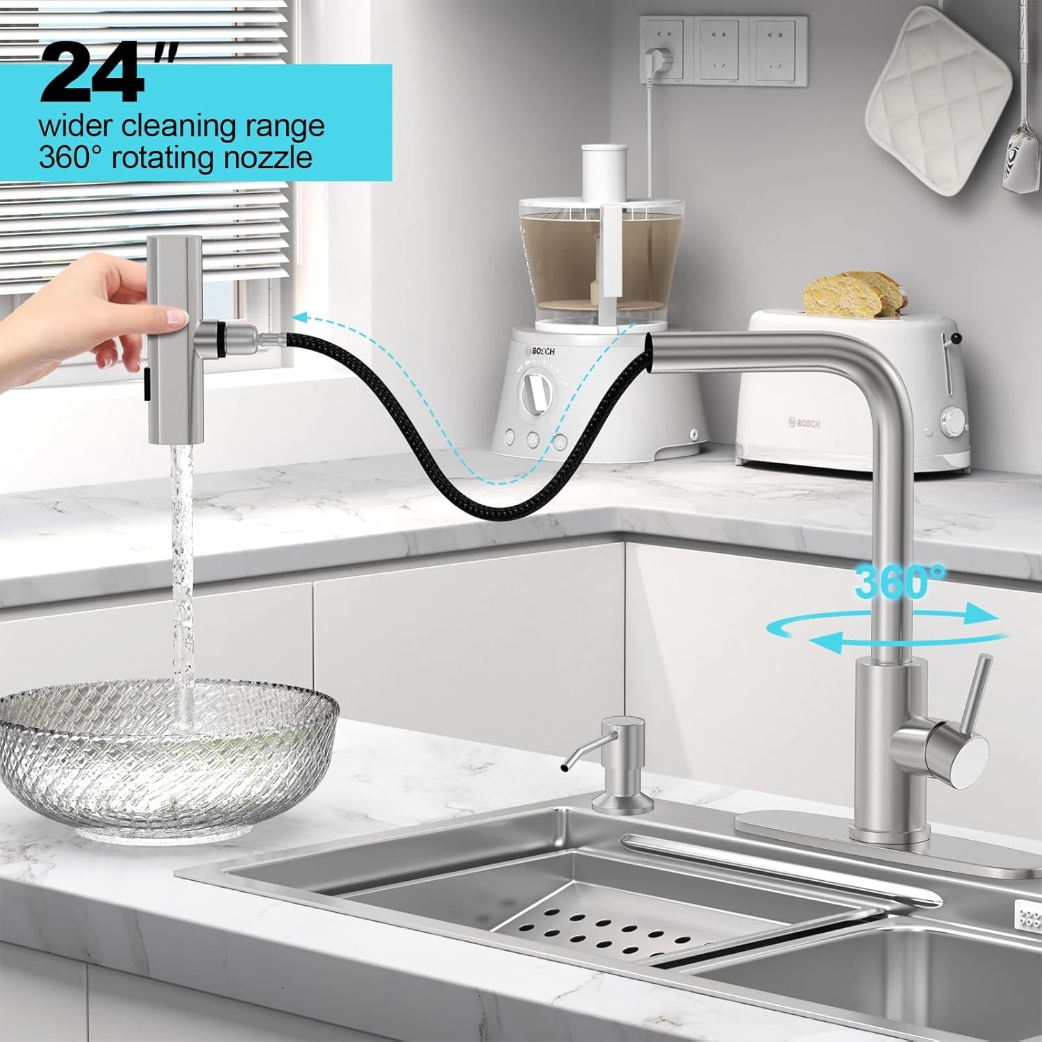 Brushed Nickel Kitchen Faucets with Pull down Sprayer & Soap Dispenser