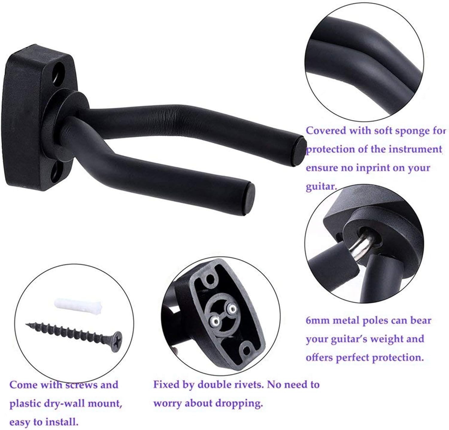 Guitar Wall Mount Hanger - 2 Pack - Easy Install, Fits All String Instruments