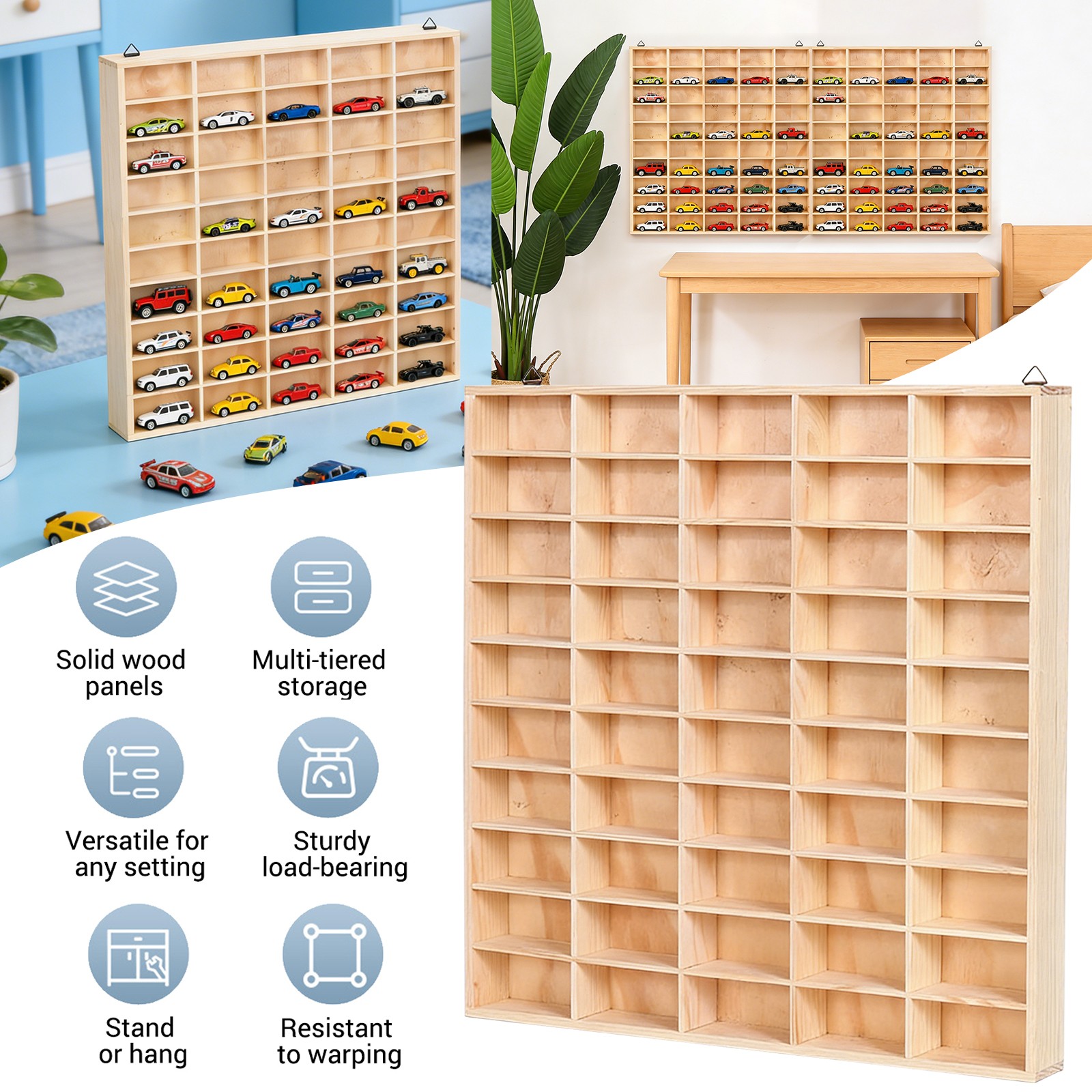 1:64 Scale Diecast Car Wall Display Case Holds 50 Cars – Wooden Toy Car Storage