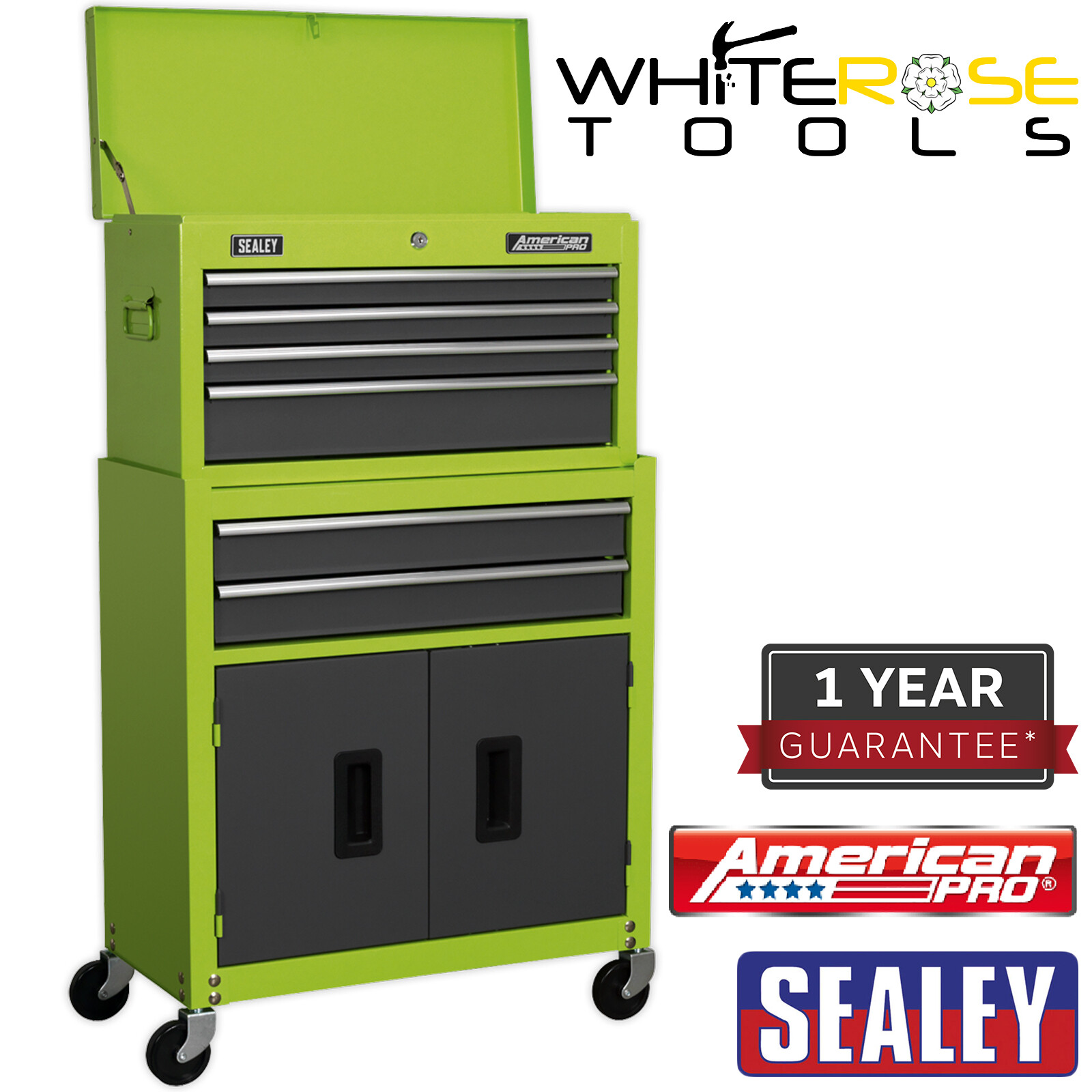Sealey American Pro Topchest Rollcab Combination 6 Drawer Hi-Vis Green/Grey
