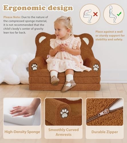 Kids Couch, 2-in-1 Soft Toddler Couch Fold Out with Blanket, Chair Comfy, Bear