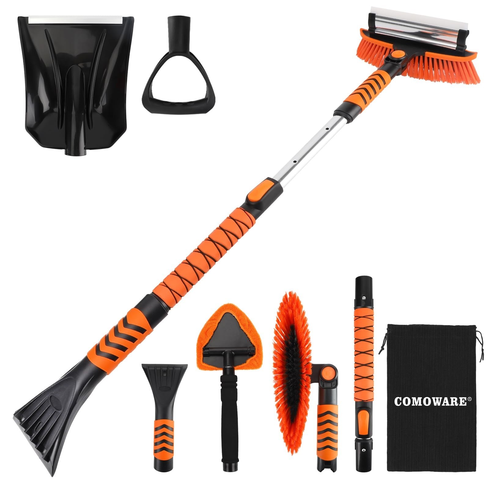 Extendable Snow Brush & Ice Scraper Combo Kit - 6-in-1 Snow Removal Tool for Car