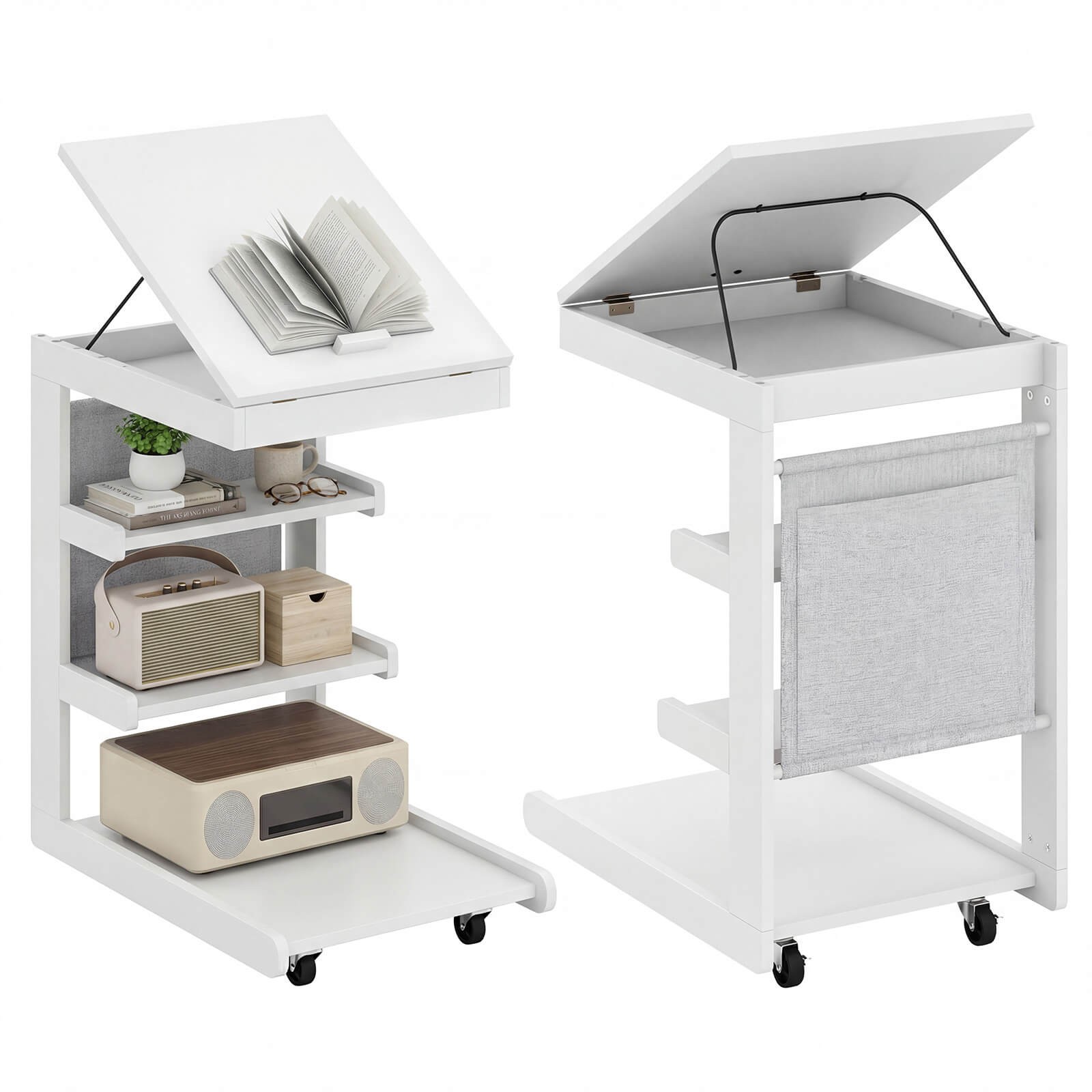 2PCS C-shaped End Table w/Wheels Adjustable Desktop Edge Stopper Storage Pocket