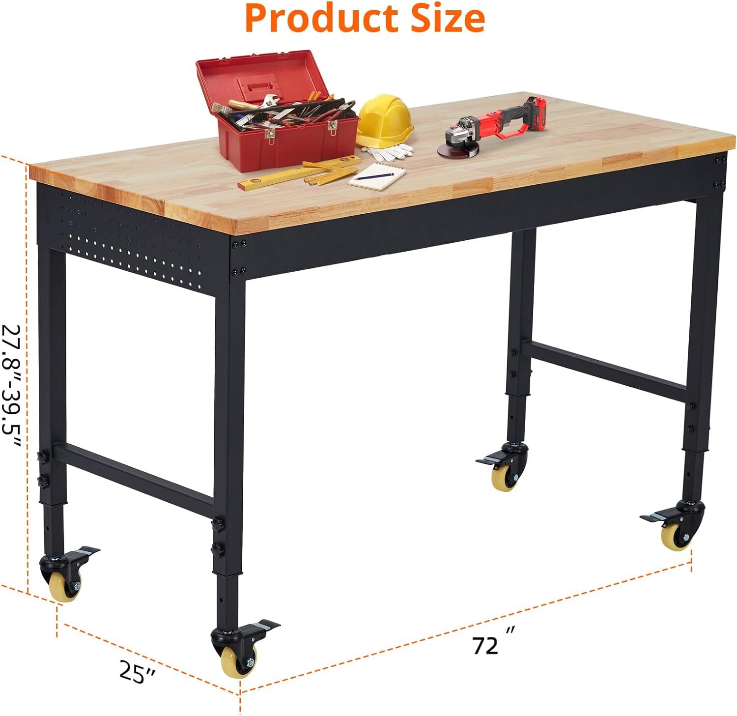 Adjustable Height Workbench 72"L x 25"W Workstation W/ Power Outlet & Casters US