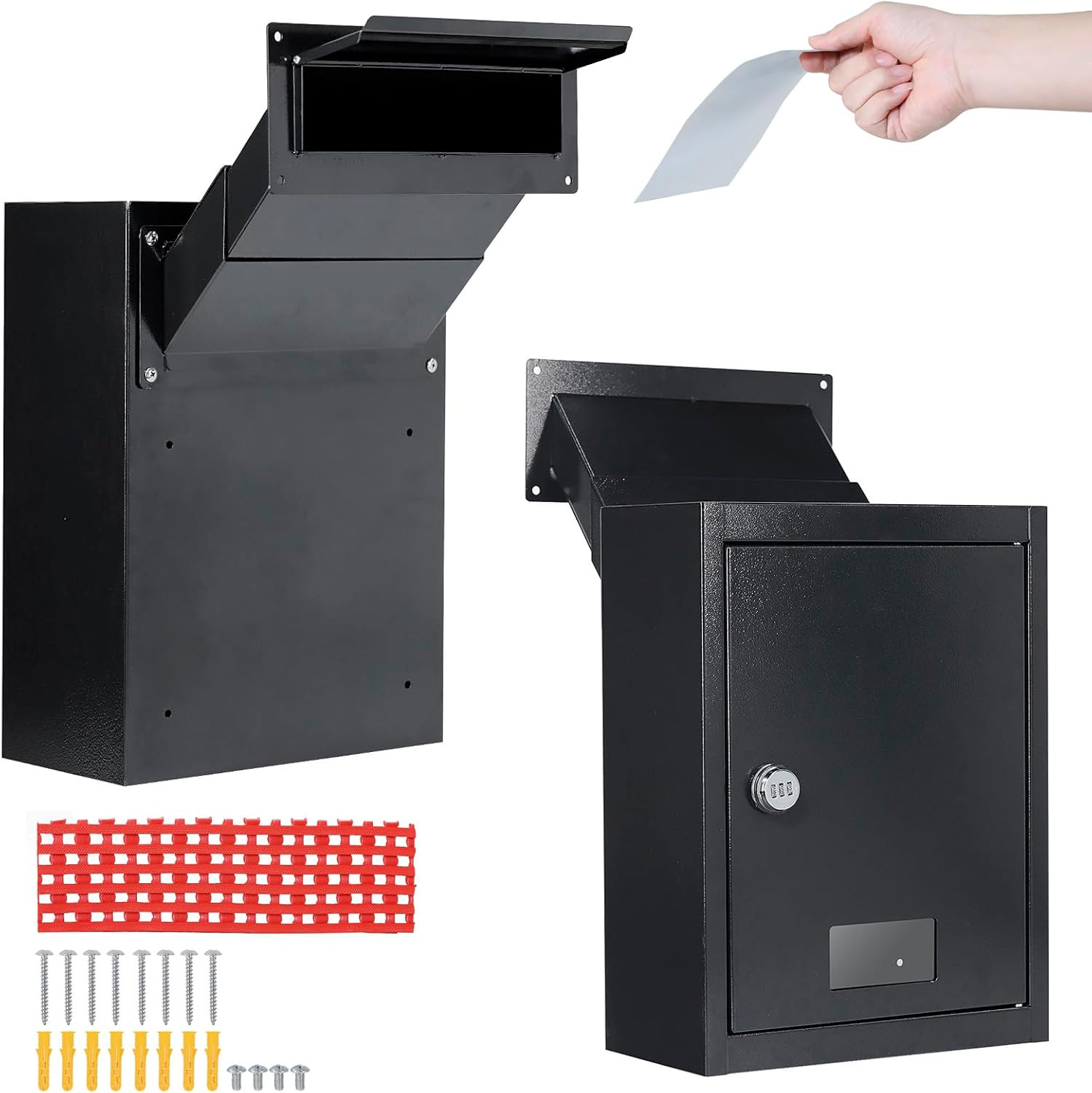 Through-the-Wall Drop Box Safe, Adjustable Chute, Rainproof Mail Slot, Black