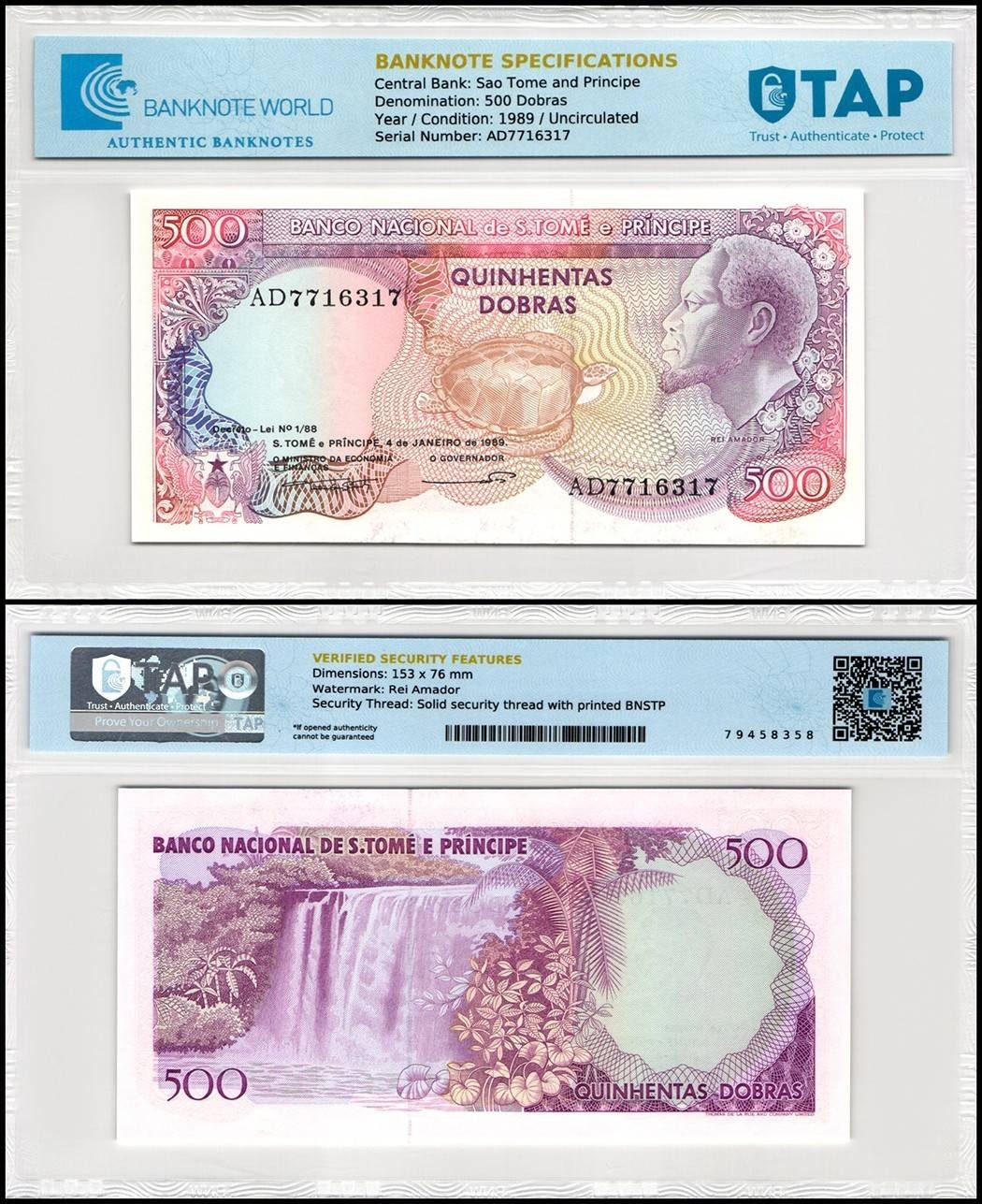 St. Thomas & Prince 500 Dobras, 1989, P-61, UNC, TAP Authenticated