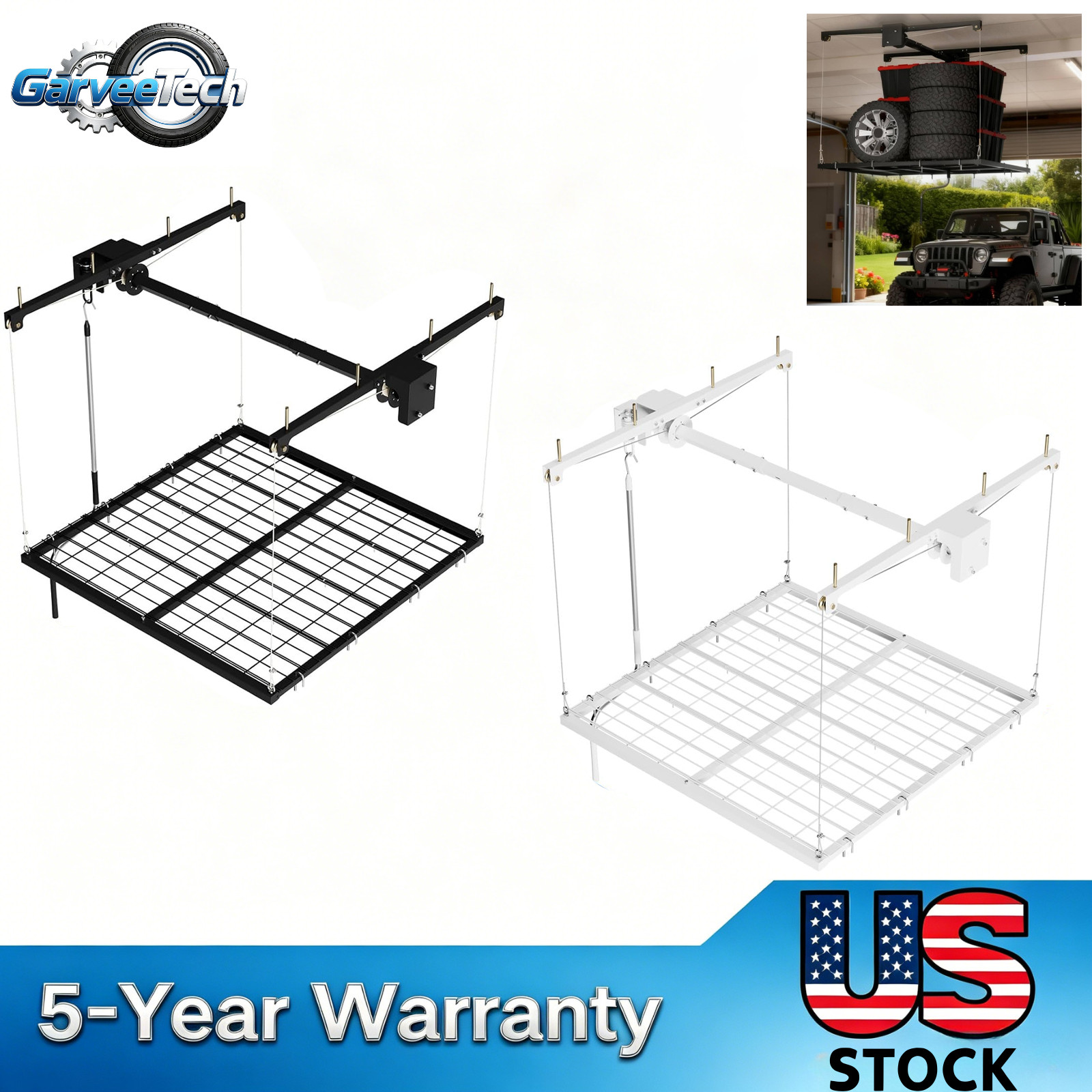 Adjustable 4x4 ft Overhead Garage Storage Rack Lift System, 350lb Secure Storage