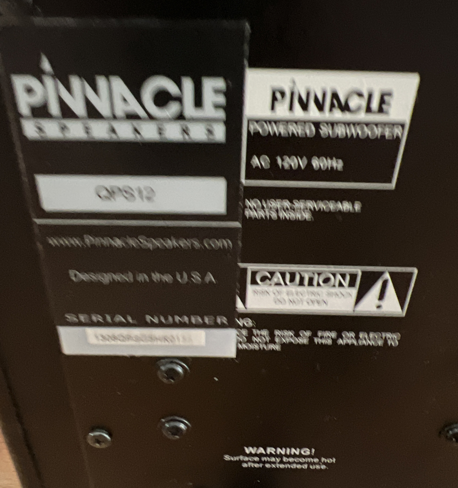 PINMACLE SPEAKERS MODEL OPS12 SUBWOOFER, 12” SPEAKERS